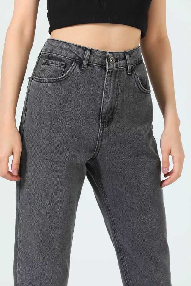 Kadın Paçası Kesik Mom Jeans Pantolon Antrasit
