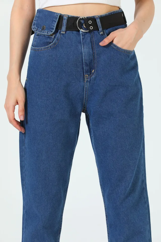 Kadın Palaska Kemerli Cep Kapaklı Jeans Pantolon Mavi