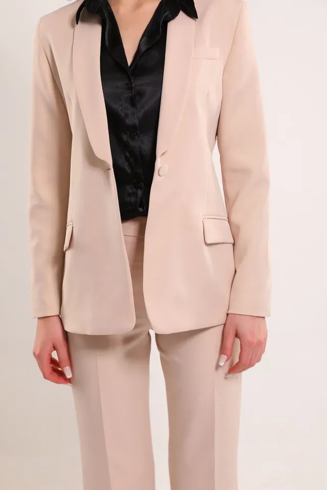 Kadın Palazzo Pantolon Blazer Ceket İkili Takım Bej