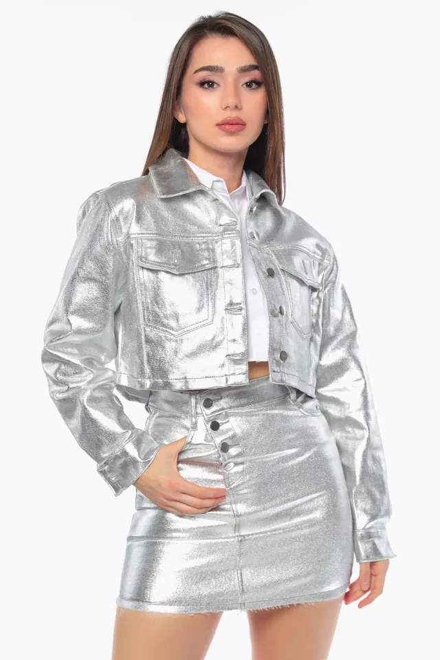 Kadın Parlak Crop Top Ceket Etek İkili Takım Gümüş