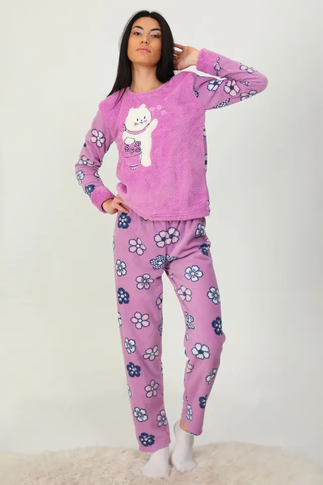 Kadın Peluş Pijama Takımı Lila