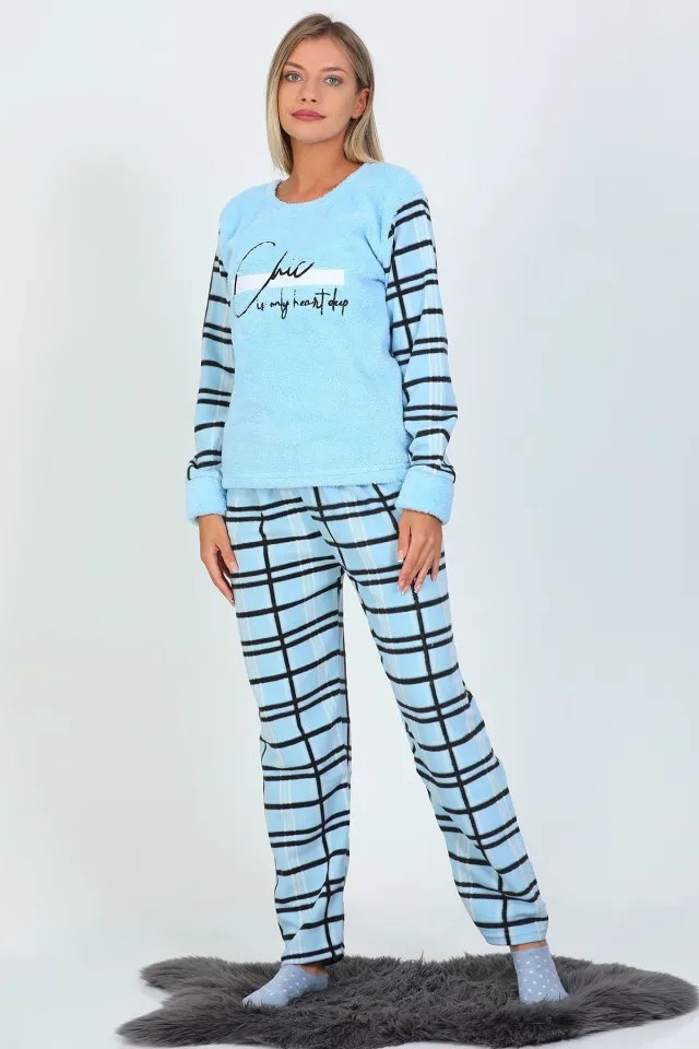 Kadın Peluş Pijama Takımı Mavi