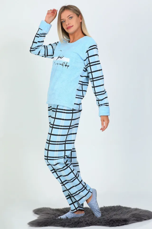 Kadın Peluş Pijama Takımı Mavi