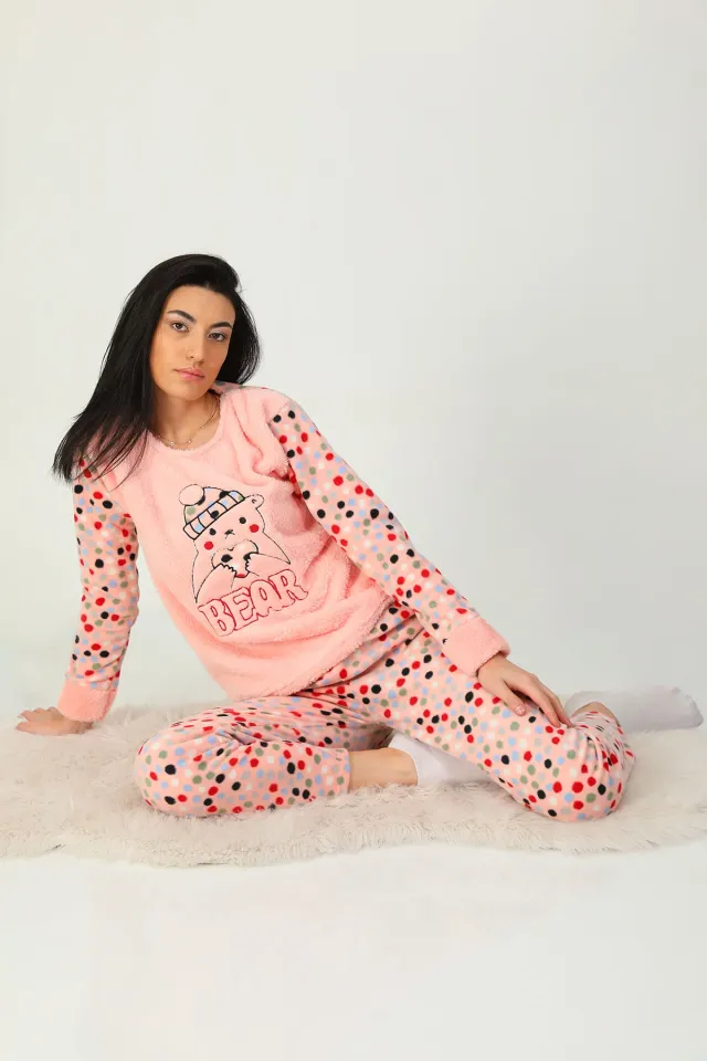 Kadın Peluş Pijama Takımı Pudra