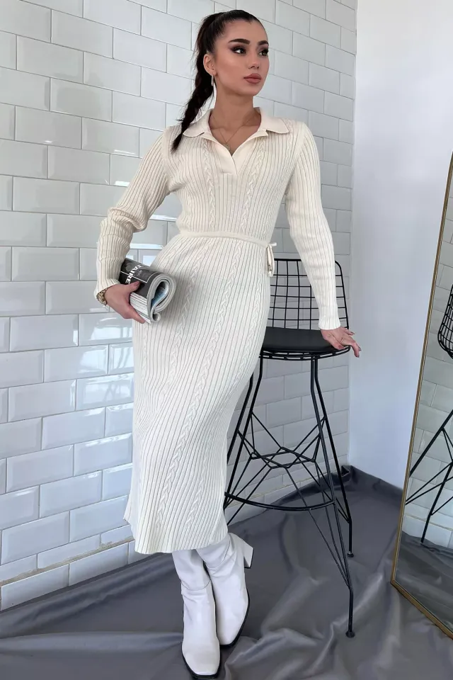 Kadın Polo Yaka Bel Bağlamalı Uzun Triko Elbise Ekru