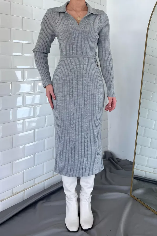 Kadın Polo Yaka Bel Bağlamalı Uzun Triko Elbise Gri
