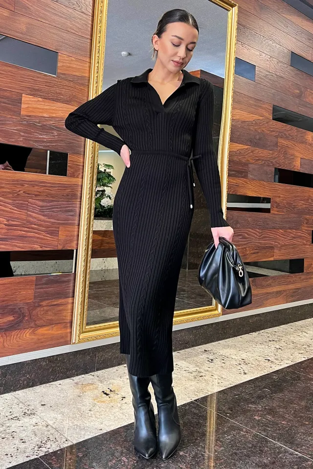 Kadın Polo Yaka Bel Bağlamalı Uzun Triko Elbise Siyah