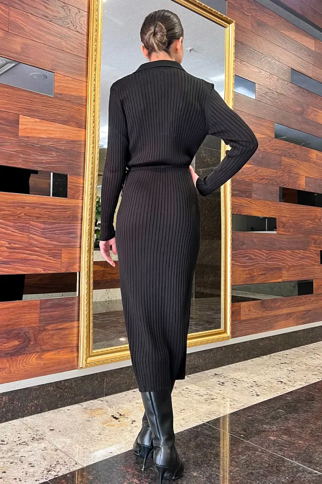 Kadın Polo Yaka Bel Bağlamalı Uzun Triko Elbise Siyah