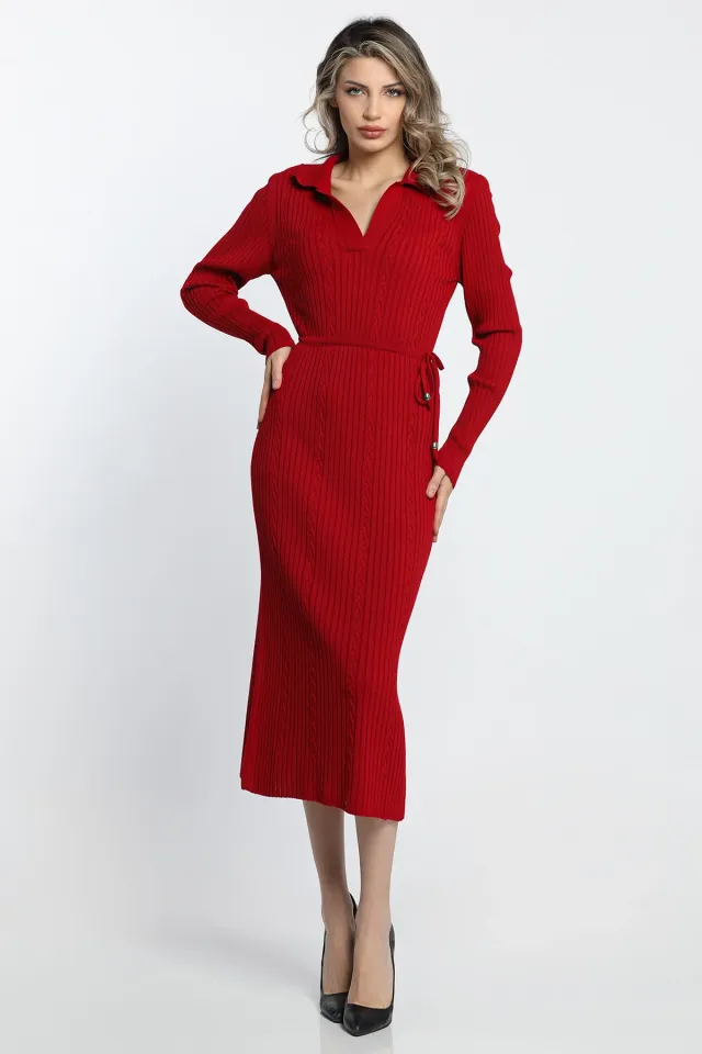 Kadın Polo Yaka Bel Bağlamalı Uzun Triko Elbise Kırmızı