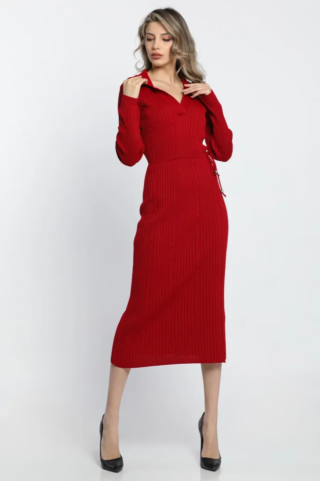 Kadın Polo Yaka Bel Bağlamalı Uzun Triko Elbise Kırmızı