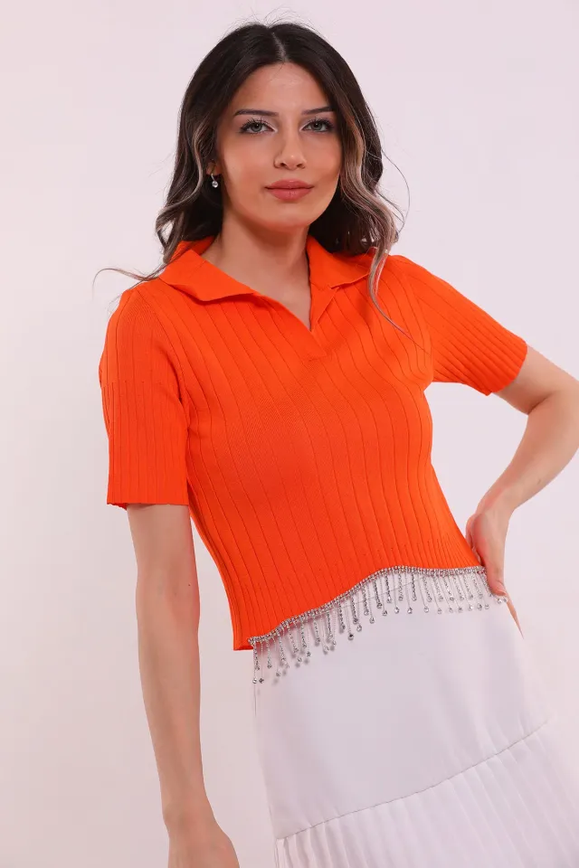 Kadın Polo Yaka Bel Taş Detaylı Crop Triko Bluz Orange