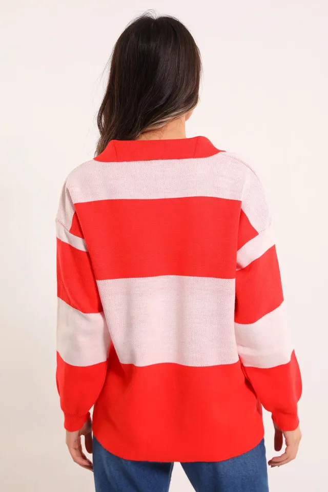Kadın Polo Yaka Blok Desenli Triko Bluz Kırmızı