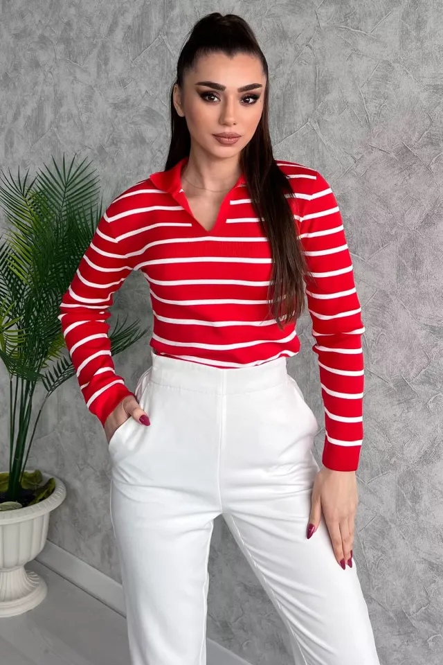 Kadın Polo Yaka Çizgi Desenli Triko Bluz Kırmızı
