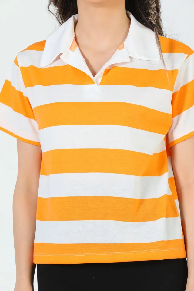 Kadın Polo Yaka Çizgili T-shirt Açık Orange