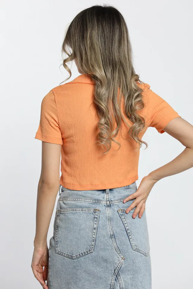 Kadın Polo Yaka Crop T-shirt Orange