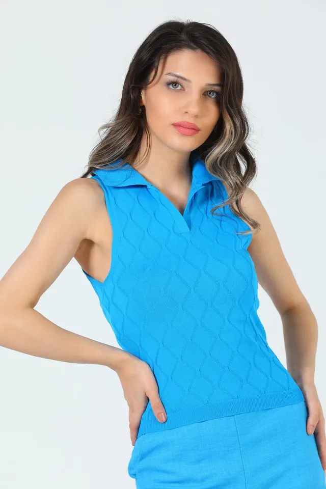 Kadın Polo Yaka Mevsimlik Triko Bluz Mavi