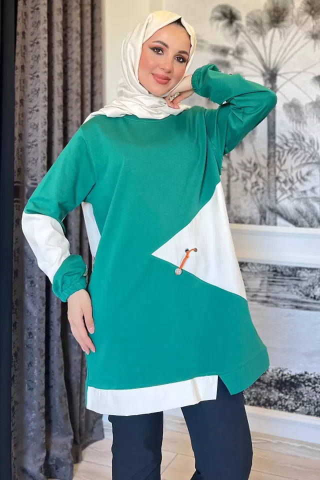 Kadın Renk Garnili Tesettür Tunik Yeşil