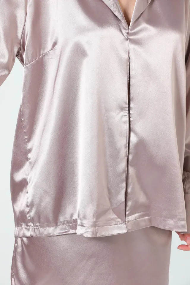 Kadın Retro Saten Ceket Mini Etek İkili Takım Vizon