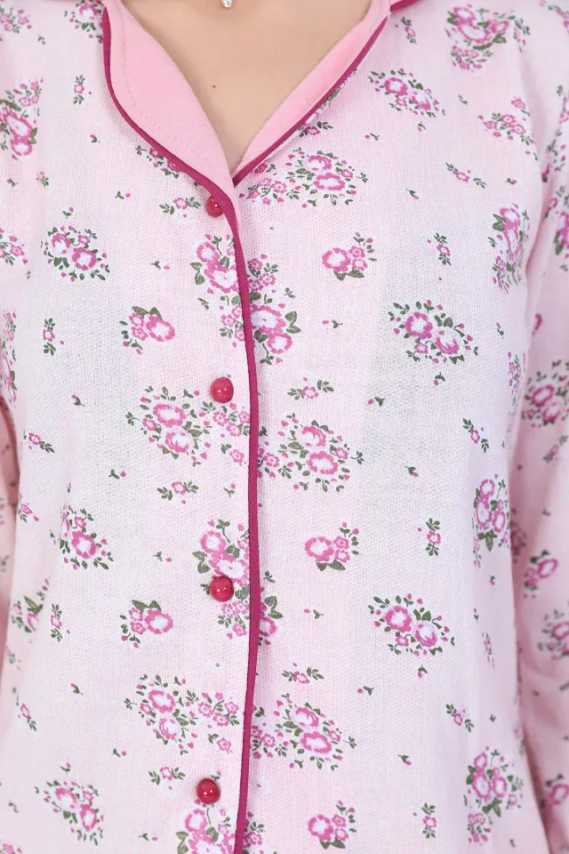 Kadın Ribanalı Gömlek Yaka Pijama Takımı Pudra