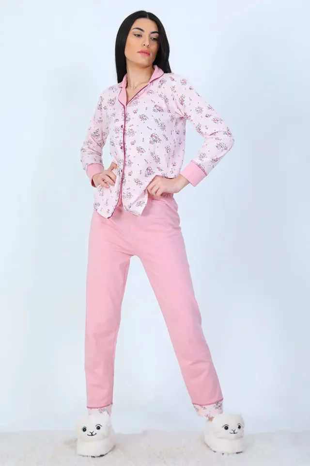 Kadın Ribanalı Gömlek Yaka Pijama Takımı Pudra