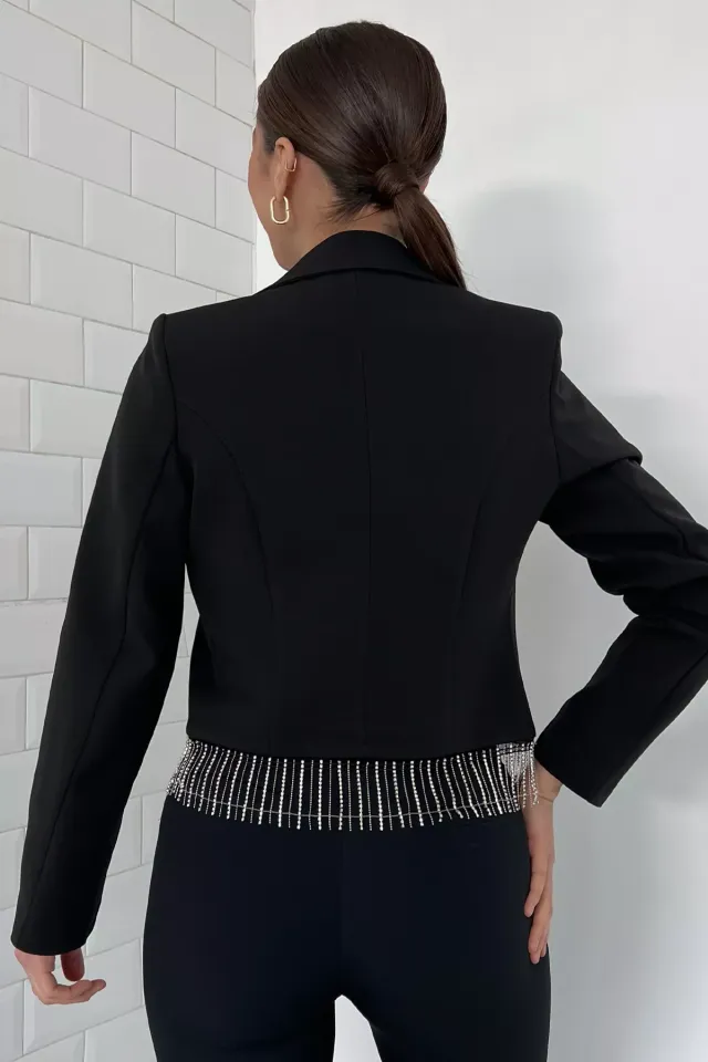 Kadın Sacak Taşlı Crop Blazer Ceket Siyah