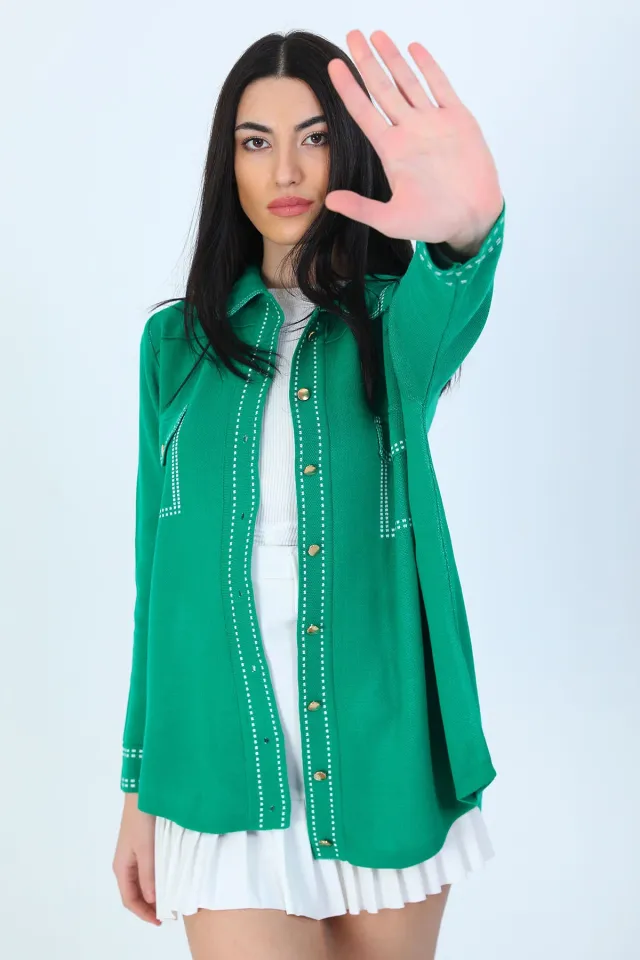 Kadın Sahte Cep Detaylı Düğmeli Triko Gömlek Yeşil