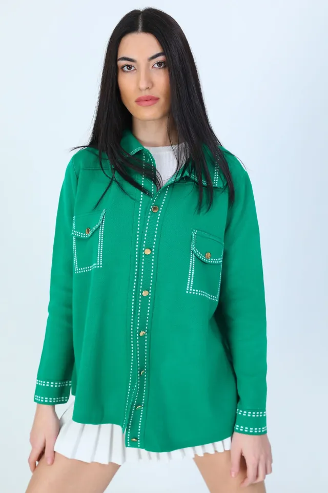 Kadın Sahte Cep Detaylı Düğmeli Triko Gömlek Yeşil