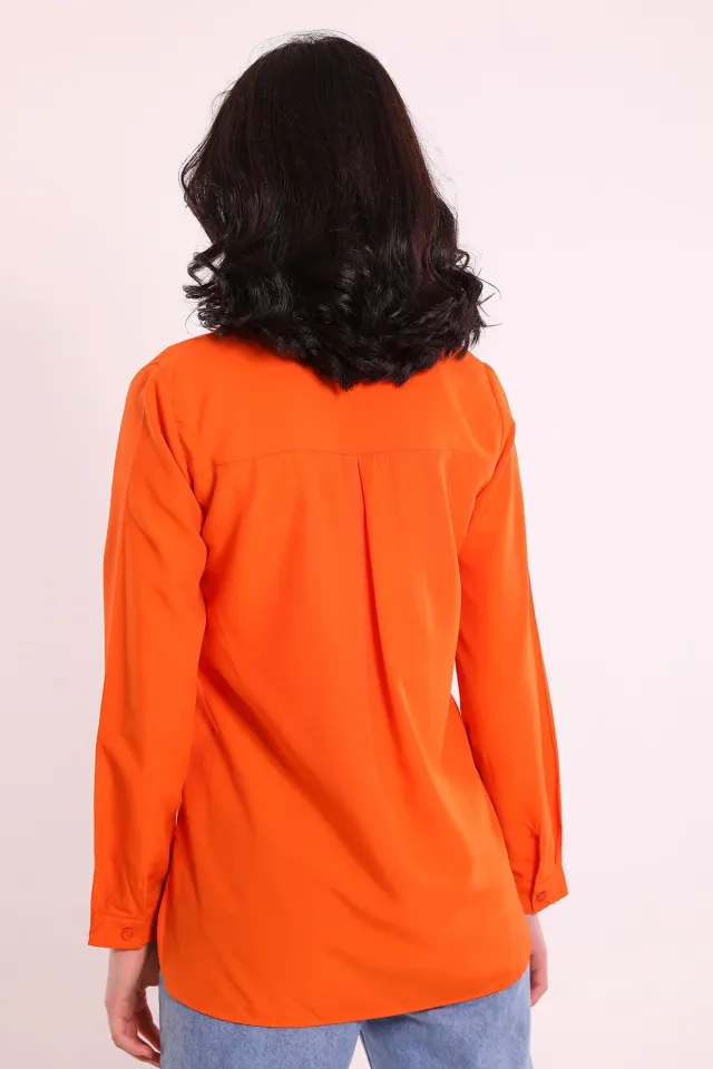 Kadın Sahte Cep Detaylı Salaş Gömlek Orange