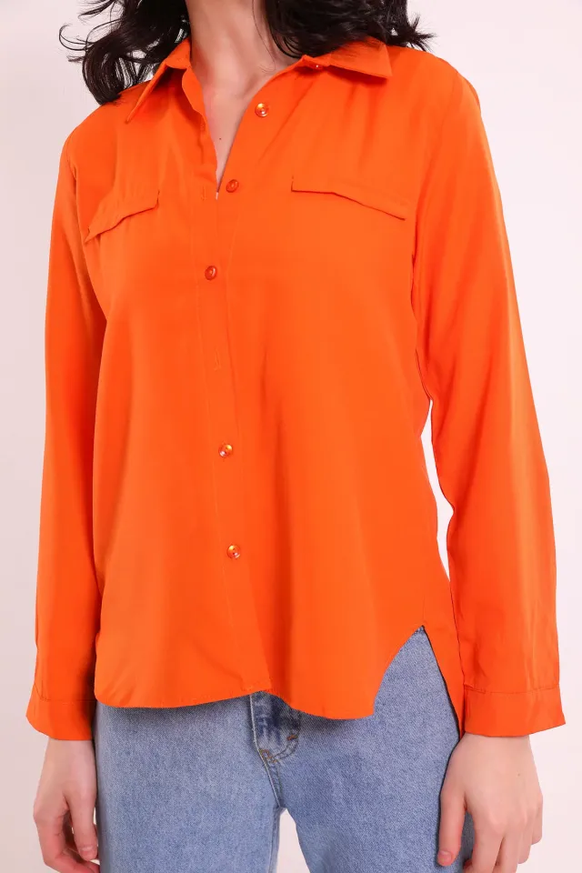 Kadın Sahte Cep Detaylı Salaş Gömlek Orange