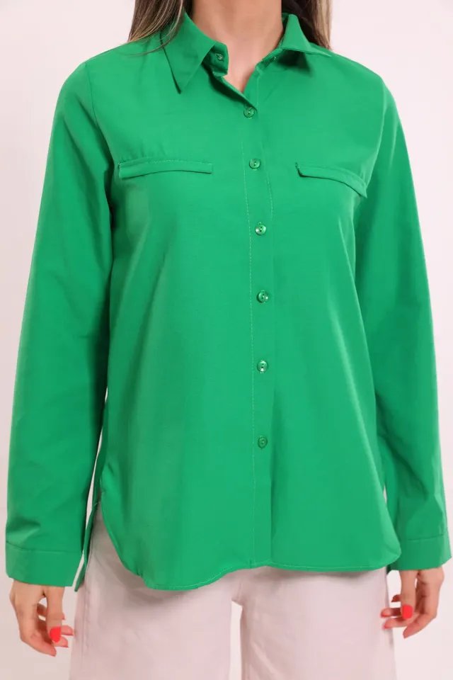Kadın Sahte Cep Detaylı Salaş Gömlek Yeşil