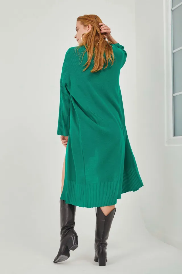 Kadın Şal Yaka Kol Yırtmaç Detaylı Uzun Triko Hırka Yeşil