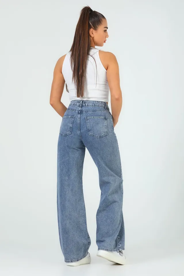 Kadın Salaş Bol Paça Retro Jeans Pantolon Buzmavisi