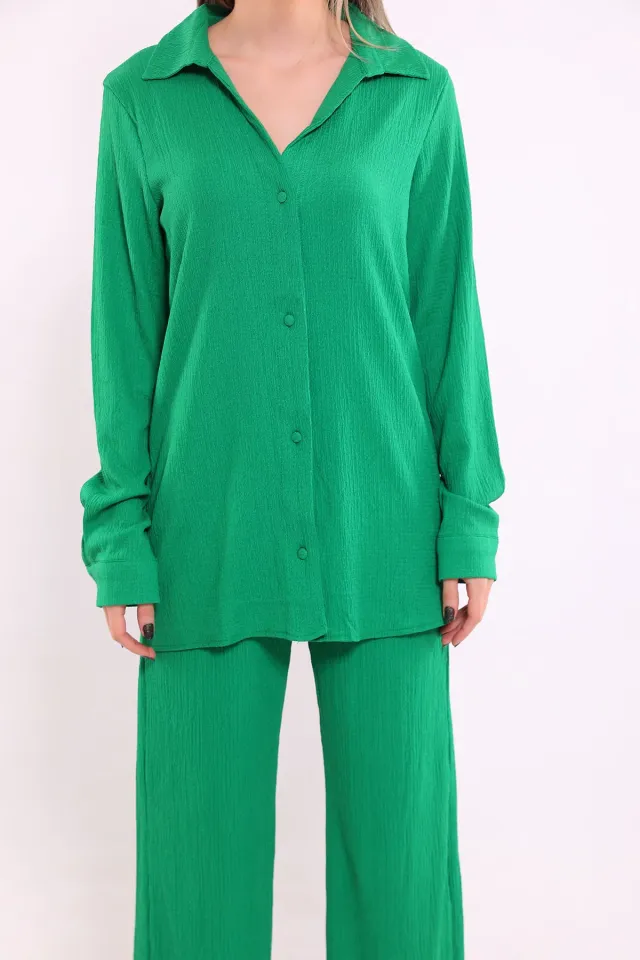 Kadın Salaş Gömlek Pantolon Kombinli İkili Takım Yeşil