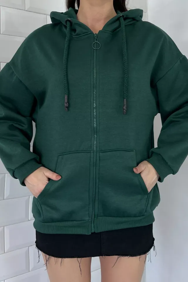 Kadın Şardonlu 3 İplik Kapüşonlu Fermuarlı Sweatshirt Yeşil