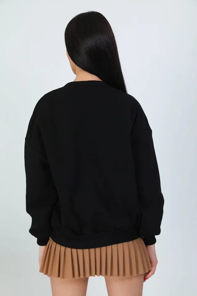Kadın Şardonlu Baskılı Salaş Sweatshirt Siyah