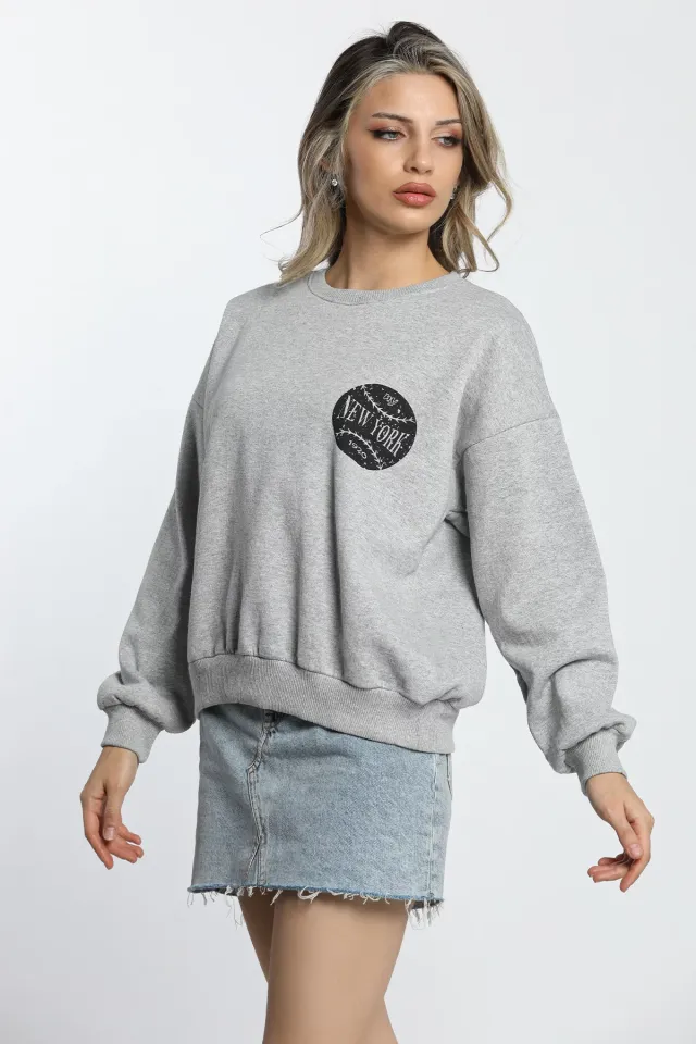 Kadın Şardonlu Baskılı Sweatshirt Gri