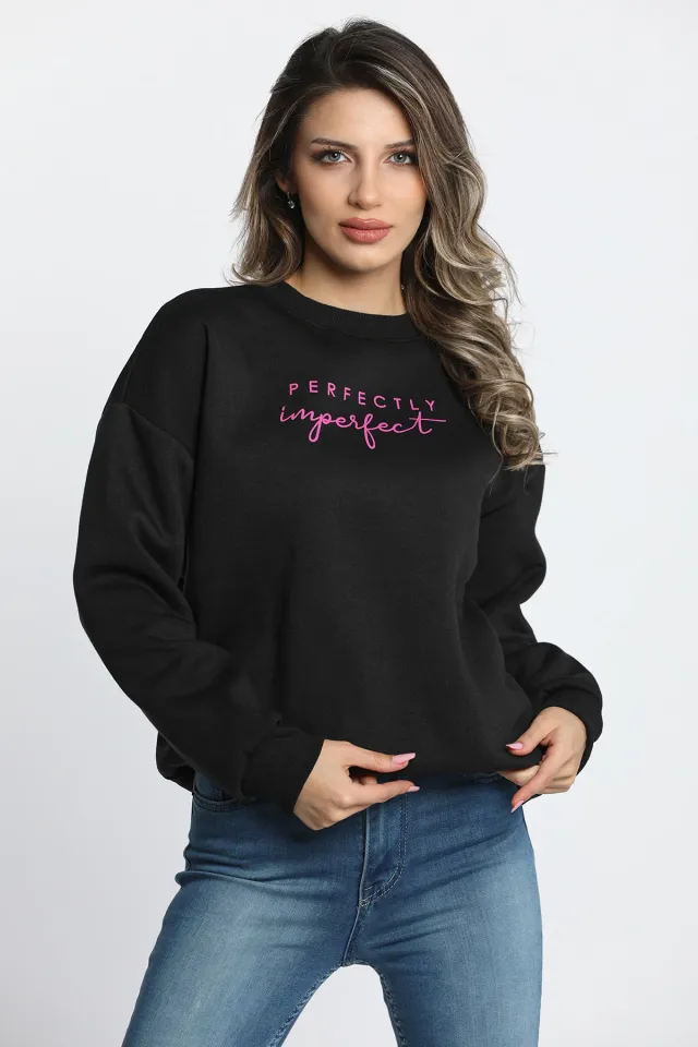 Kadın Şardonlu Baskılı Sweatshirt Siyah
