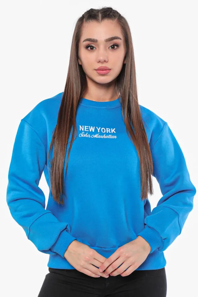 Kadın Şardonlu Baskılı Sweatshirt Mavi