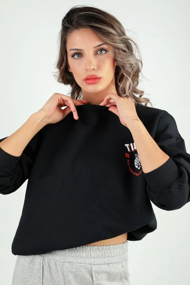 Kadın Şardonlu Crop Sweatshirt Siyah