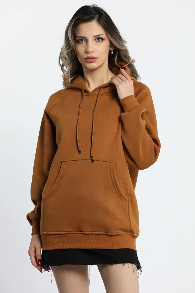 Kadın Şardonlu Kapüşonlu Sweatshirt Camel