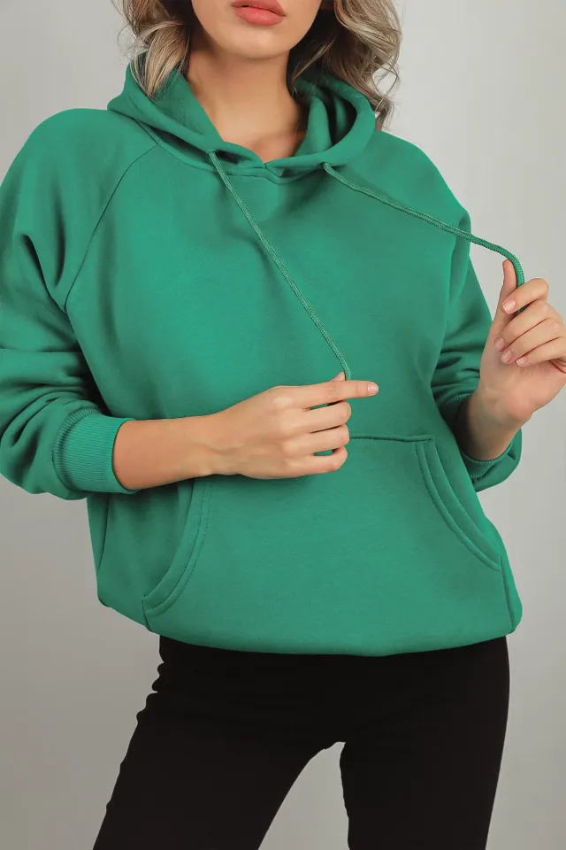Kadın Şardonlu Kapüşonlu Sweatshirt Yeşil