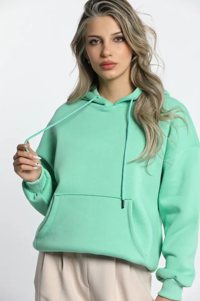Kadın Şardonlu Kapüşonlu Sweatshirt Acık Yeşil