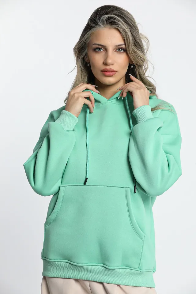 Kadın Şardonlu Kapüşonlu Sweatshirt Acık Yeşil