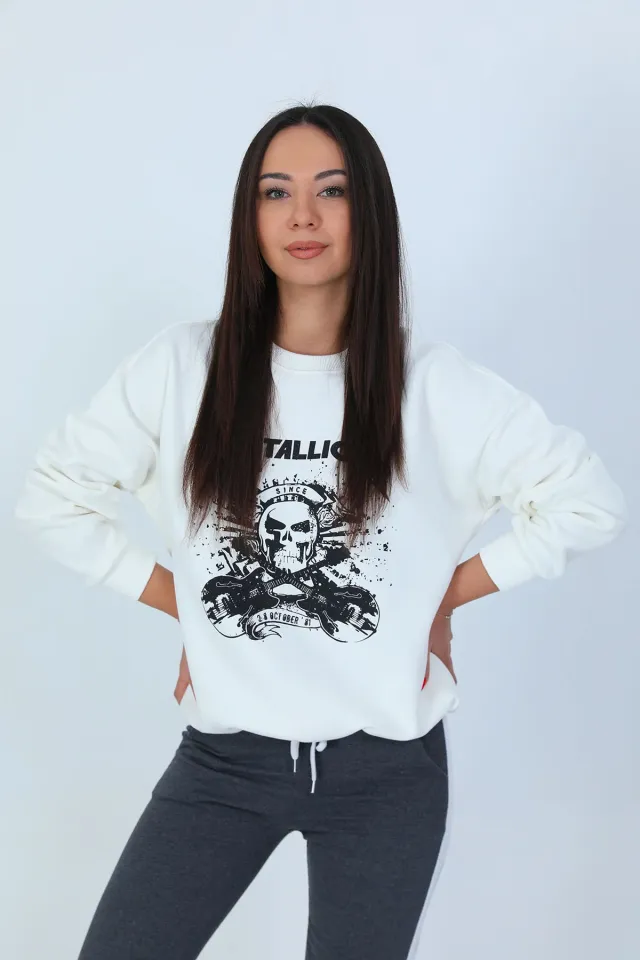Kadın Şardonlu Metallıca Baskılı Sweatshirt Krem