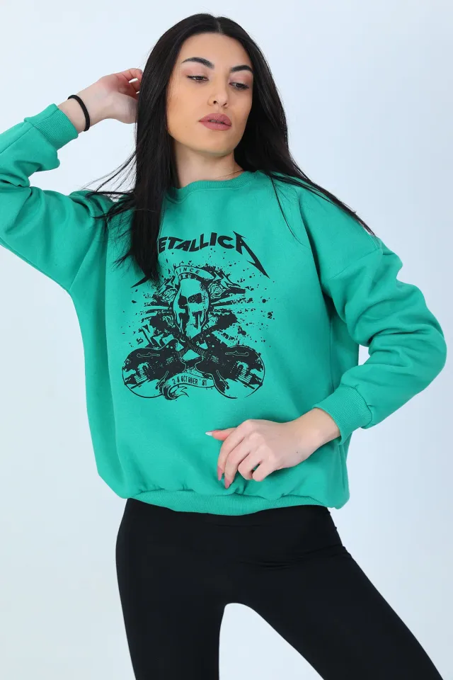 Kadın Şardonlu Metallıca Baskılı Sweatshirt Yeşil
