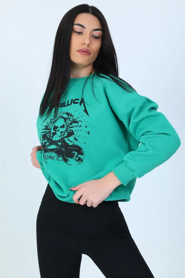 Kadın Şardonlu Metallıca Baskılı Sweatshirt Yeşil