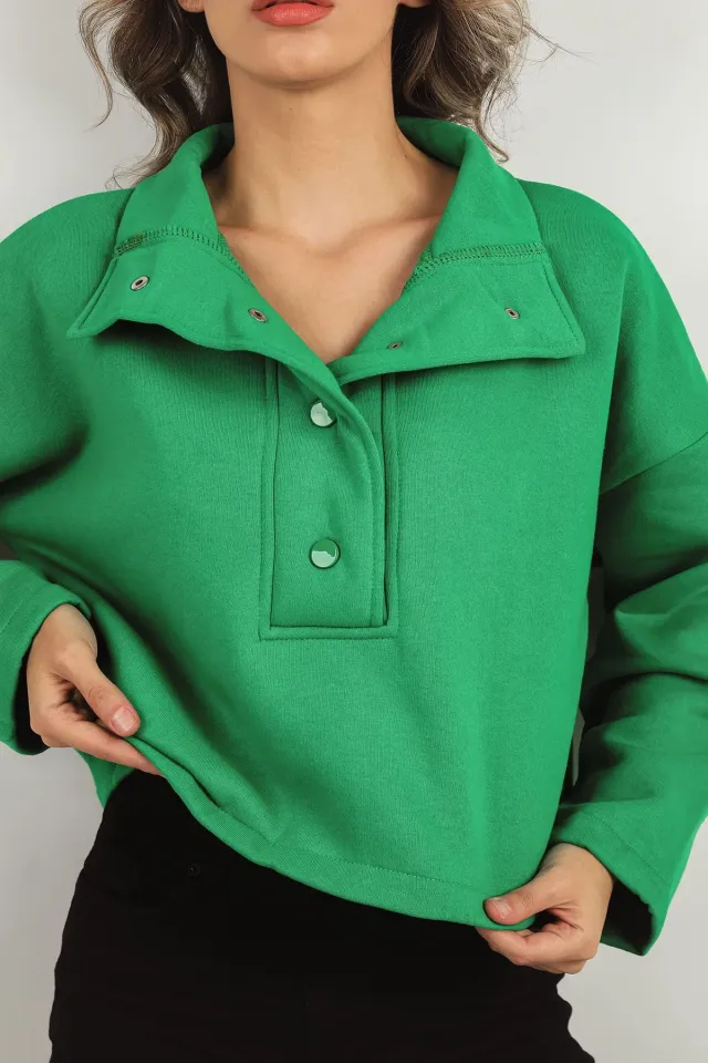 Kadın Şardonlu Ön Çıtçıtlı Crop Sweatshırt Yeşil