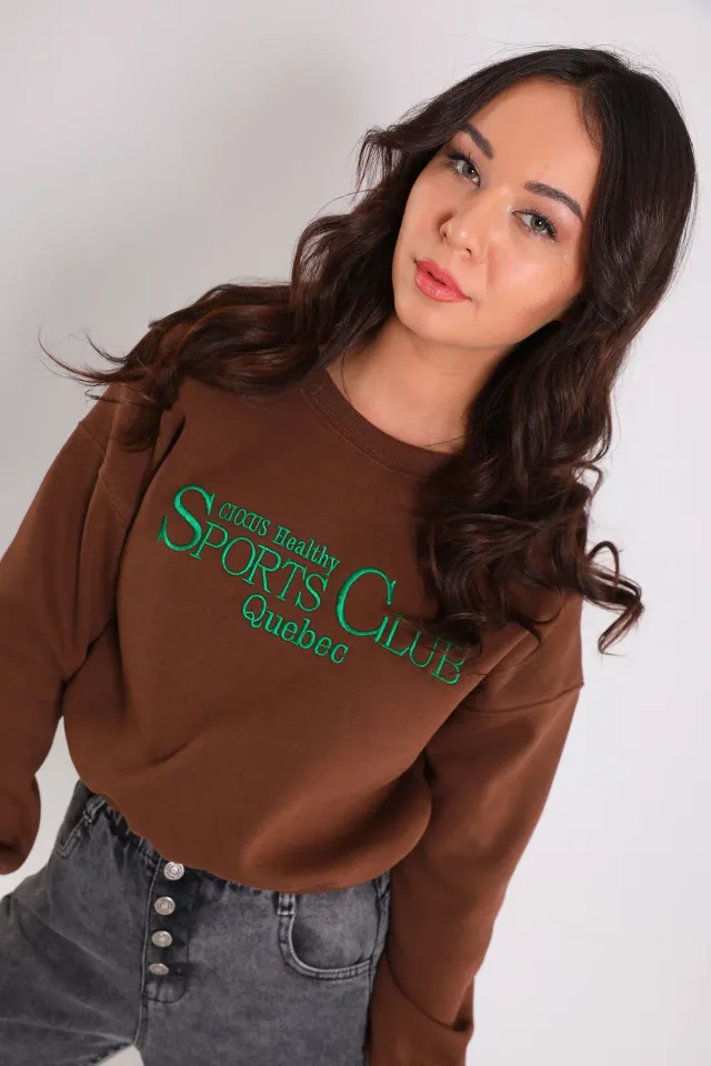 Kadın Şardonlu Ön Nakışlı Crop Sweatshirt Kahve