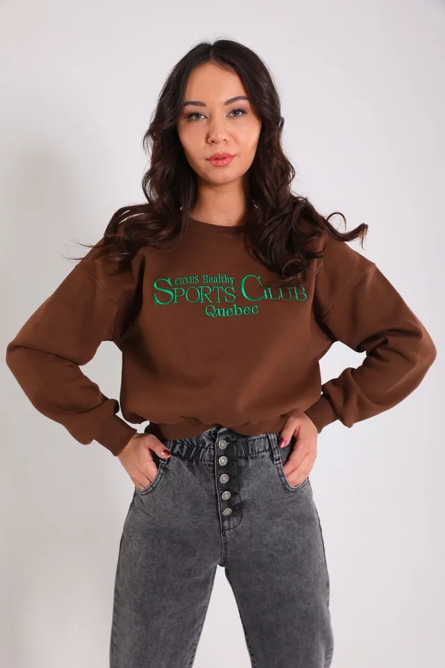 Kadın Şardonlu Ön Nakışlı Crop Sweatshirt Kahve