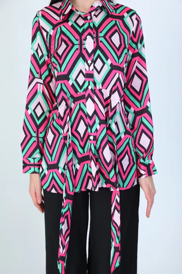 Kadın Saten Geometrik Desenli Bağlamalı Gömlek Pembeyeşil